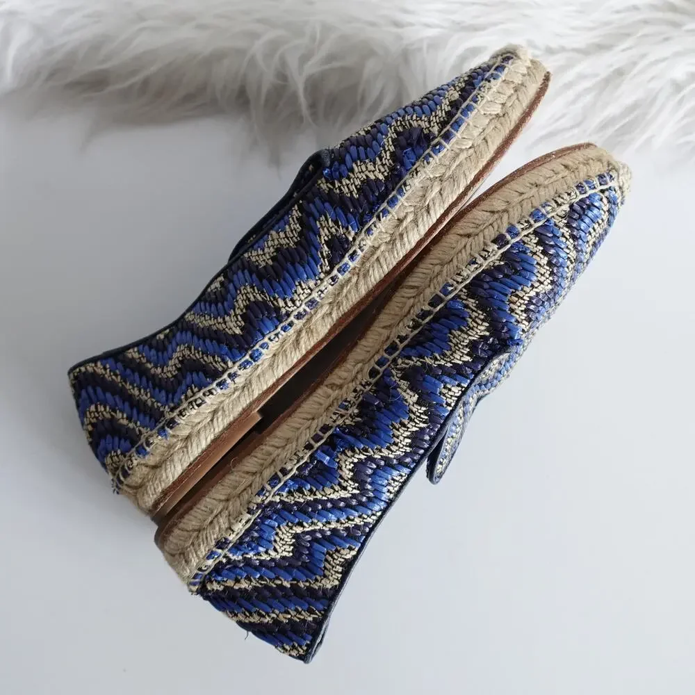 Sarah Flint Andrea Espadrille Loafers Flats Navy Raffia Linen Summer Vacation